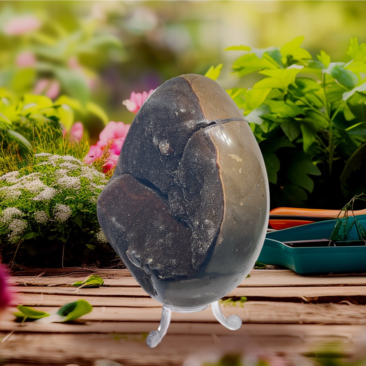 Mystisches Septarien Drachenei | Kristalldruse | Freeform | Unikat-Masterpiece 1631 | 12x8x8 cm | 1022 Gramm | mit Quarzkristall | inclusive Acrylständer I Madagaskar