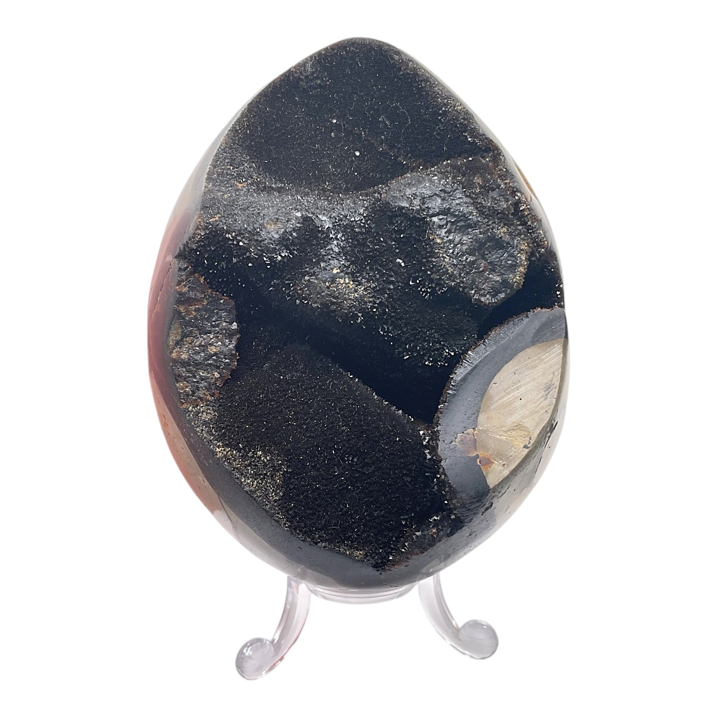 Mystisches Septarien Drachenei | Kristalldruse | Freeform | Unikat-Masterpiece 1632 | 12x8x8 cm | 883 Gramm | mit Quarzkristall | inclusive Acrylständer