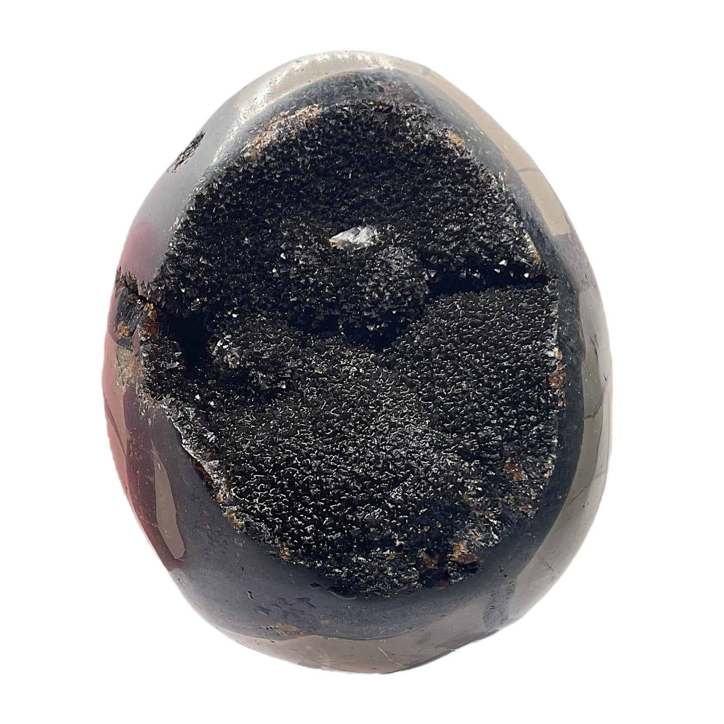 Mystisches Septarien Drachenei | Kristalldruse | Freeform | Unikat-Masterpiece 1542 | 10x8x8 cm | 770 Gramm | mit Quarzkristall | inclusive Acrylständer