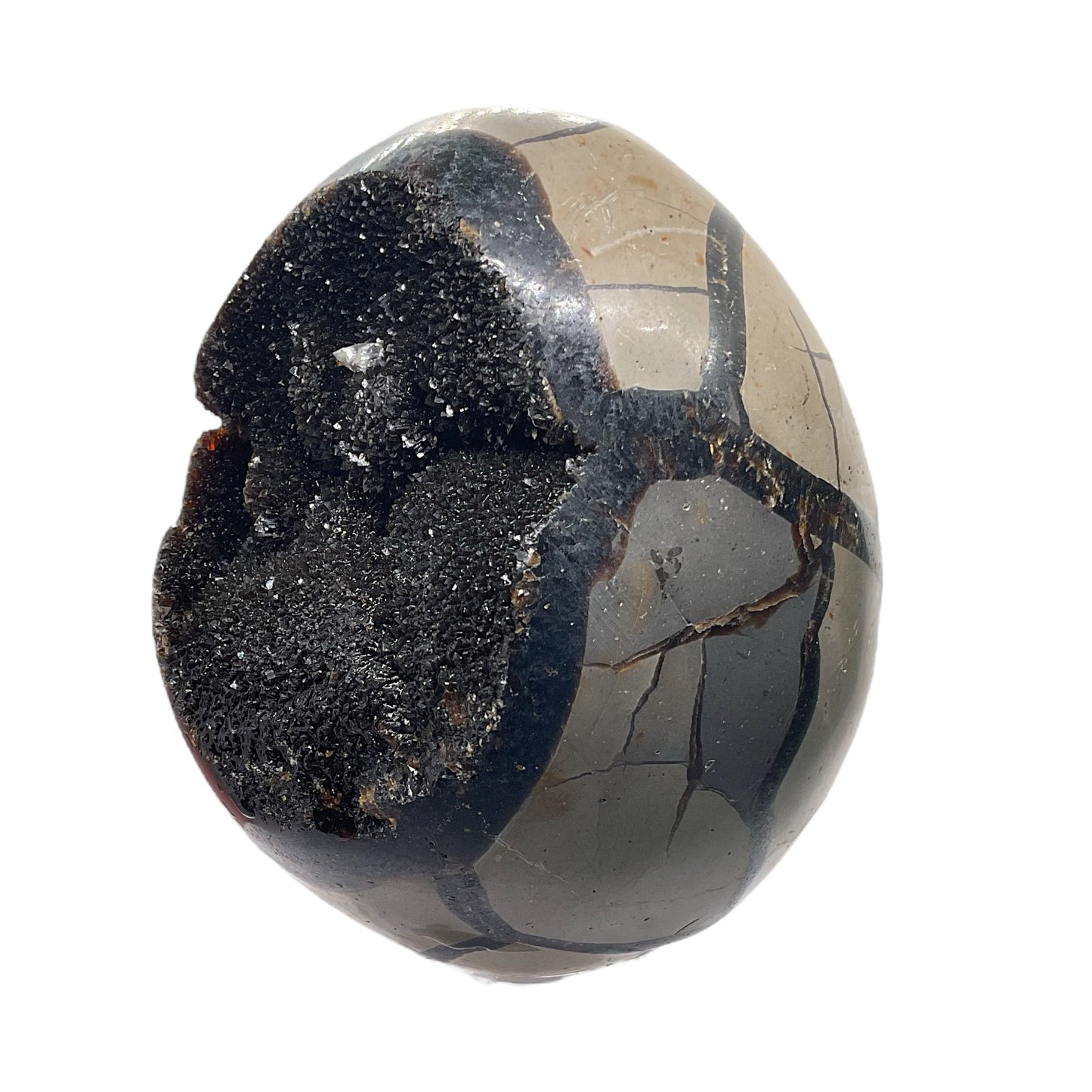 Mystisches Septarien Drachenei | Kristalldruse | Freeform | Unikat-Masterpiece 1542 | 10x8x8 cm | 770 Gramm | mit Quarzkristall | inclusive Acrylständer