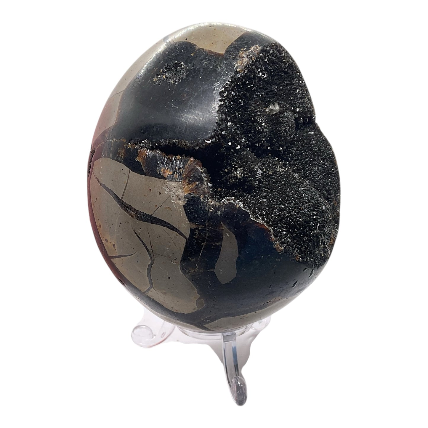 Mystisches Septarien Drachenei | Kristalldruse | Freeform | Unikat-Masterpiece 1542 | 10x8x8 cm | 770 Gramm | mit Quarzkristall | inclusive Acrylständer