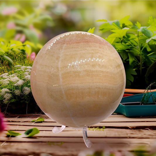 XXL Orangencalcit Kugel mit Acrylständer I Edelsteinkugel I 1140 gr I 10 cm I Unikat-Masterpiece 1652 I Mexiko
