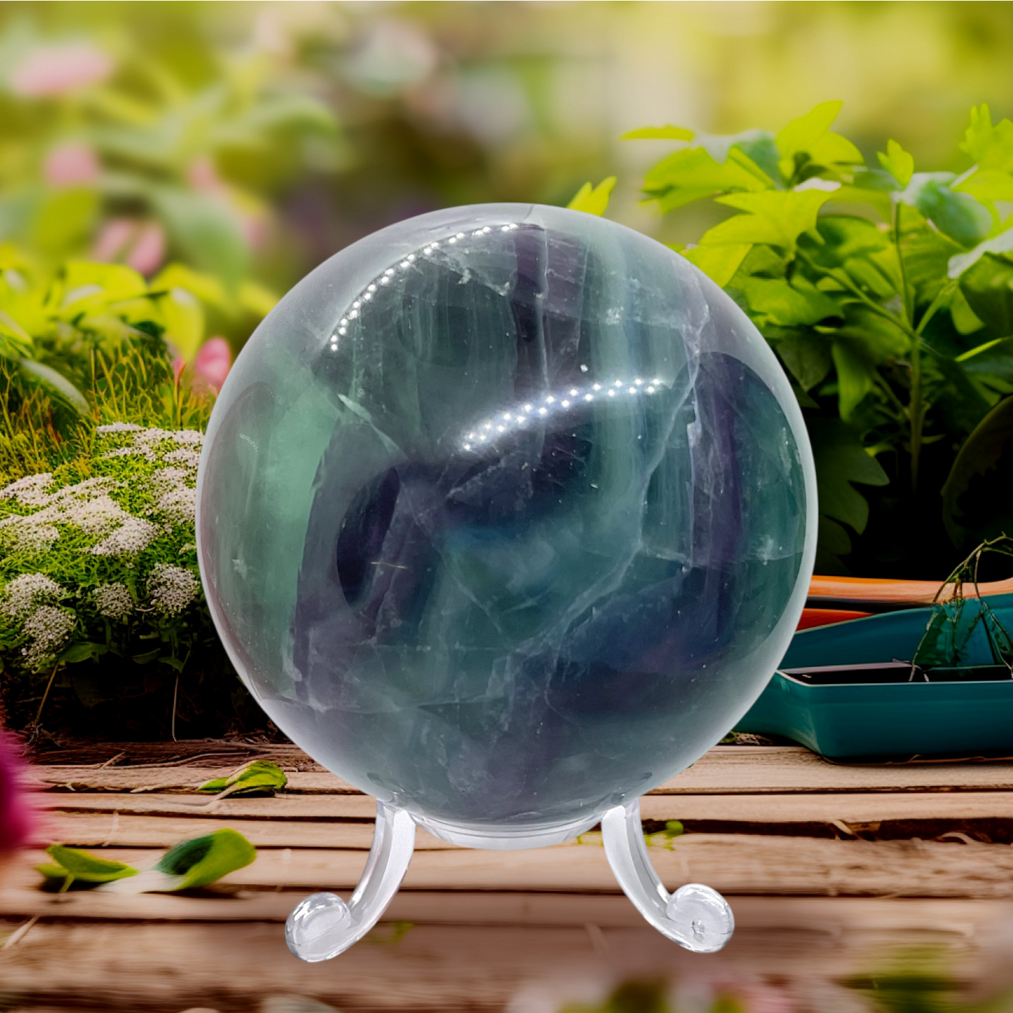 Regenbogenfluorit Kugel I 642 Gramm I 7,5x7,5x7,5cm I Edelsteinkugel I Kristallkugel I Unikat-Masterpiece 1648 I mit Acrylständer I Brasilien