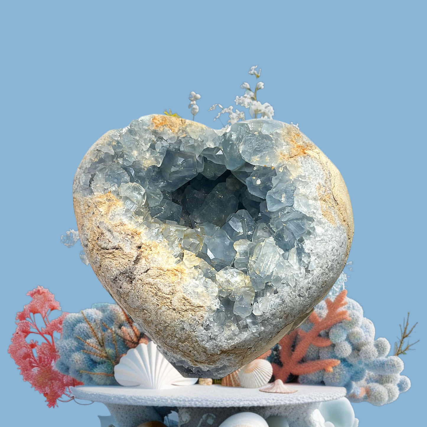 Coelestin Kristall in Herzform I 2,37 KG I 14x12x8cm I herrlich blaue Kristalle | Top 1A-Qualität | Sammlerstück I Unikat-Masterpiece 1640 I Madagaskar