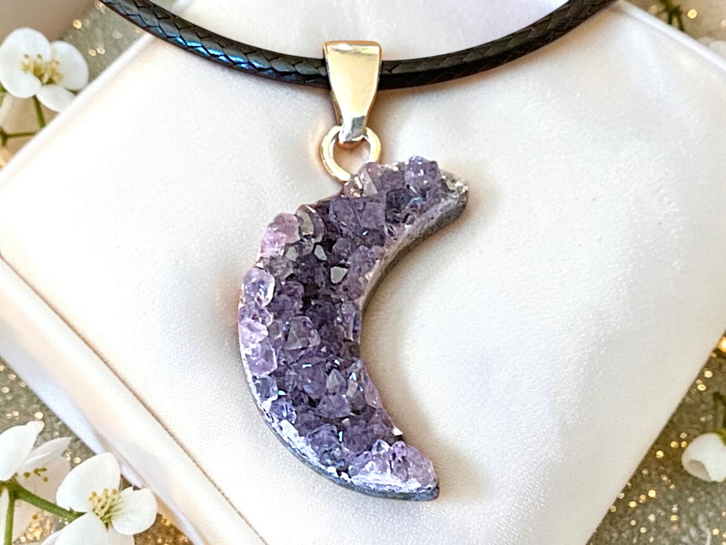 Amethyst Halbmond (Luna) Anhänger AAA-Qualität aus Brasilien - 20 × 15 mm - 925 Silber - echter Naturstein - Geschenkbox mit Edelsteinkarte