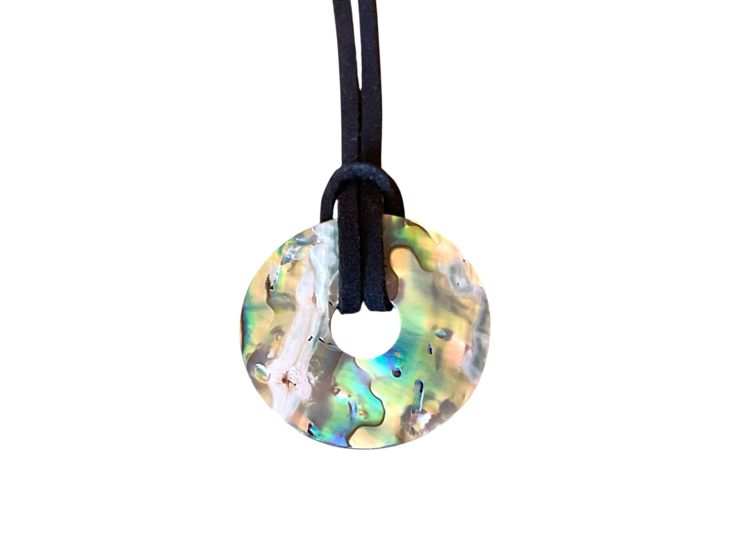 Abalone Paua Donut Anhänger aus Australien - 30 mm - 80 cm Wildlederband - echter Perlmutt - Geschenkverpackung - Handarbeit