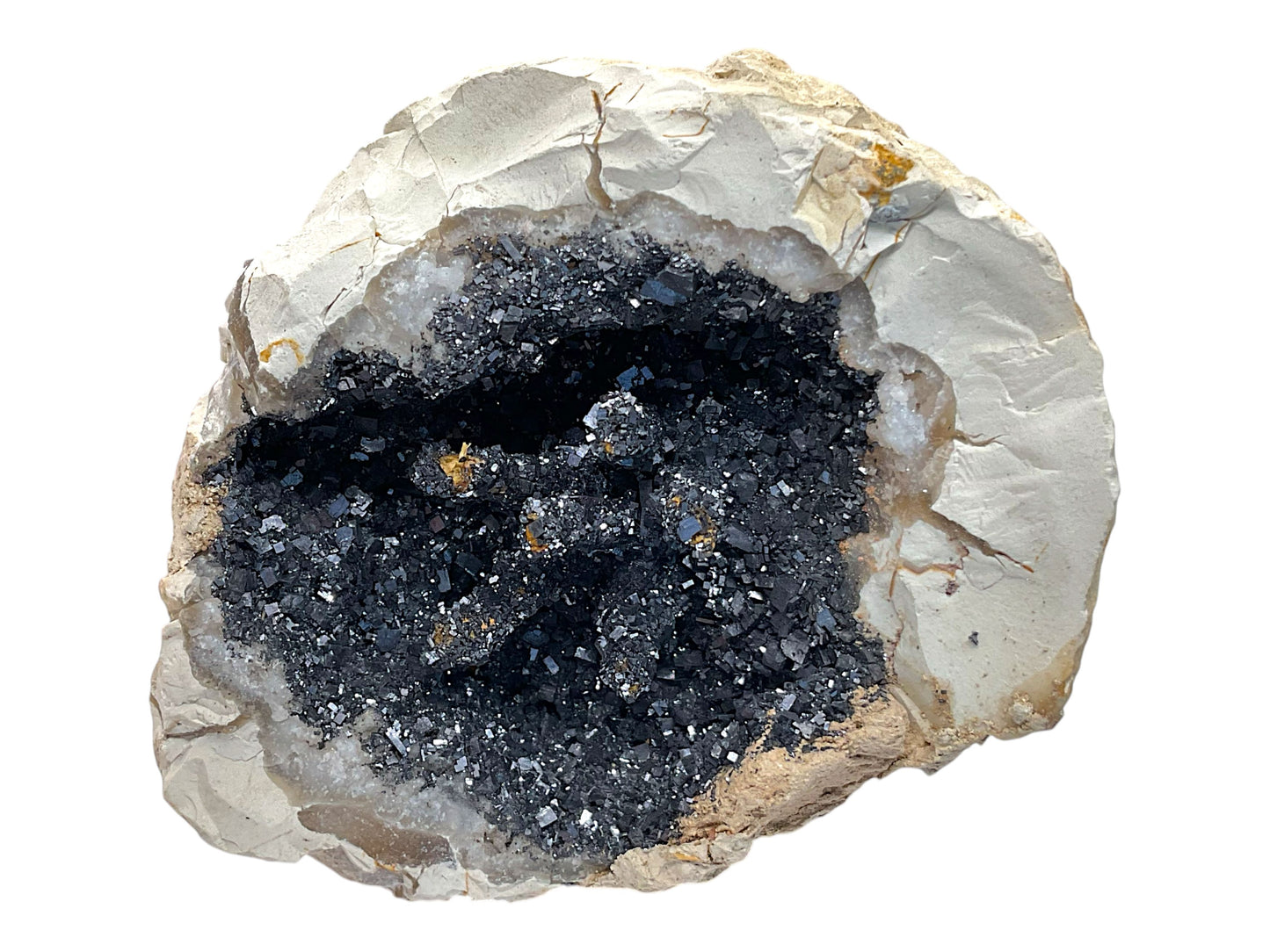 Naturgeode mit schwarzen Kristallen auf Quarz/Chalcedon – Marokko – 322 g – 7 × 8 cm – Sammlerstück – Unikat-Masterpiece Nr. 1712