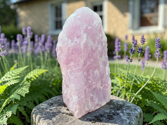 XL Rosenquarz Rohstein Tower „Masterpiece“ – 9,7 kg Unikat aus Brasilien in AAA-Qualität – 30 cm hoher Naturstein mit sanfter Ausstrahlung – Exklusiver Blickfang für Garten & Wohnraum