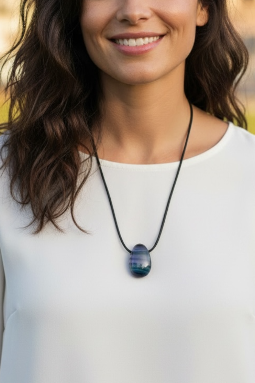 Regenbogenfluorit Anhänger Tropfen – Edelstein Kette mit 80 cm Band & Geschenkbox – Echter Fluorit Schmuck Mehrfarbig – Naturstein in AAA-Qualität aus Brasilien – 30x20 mm