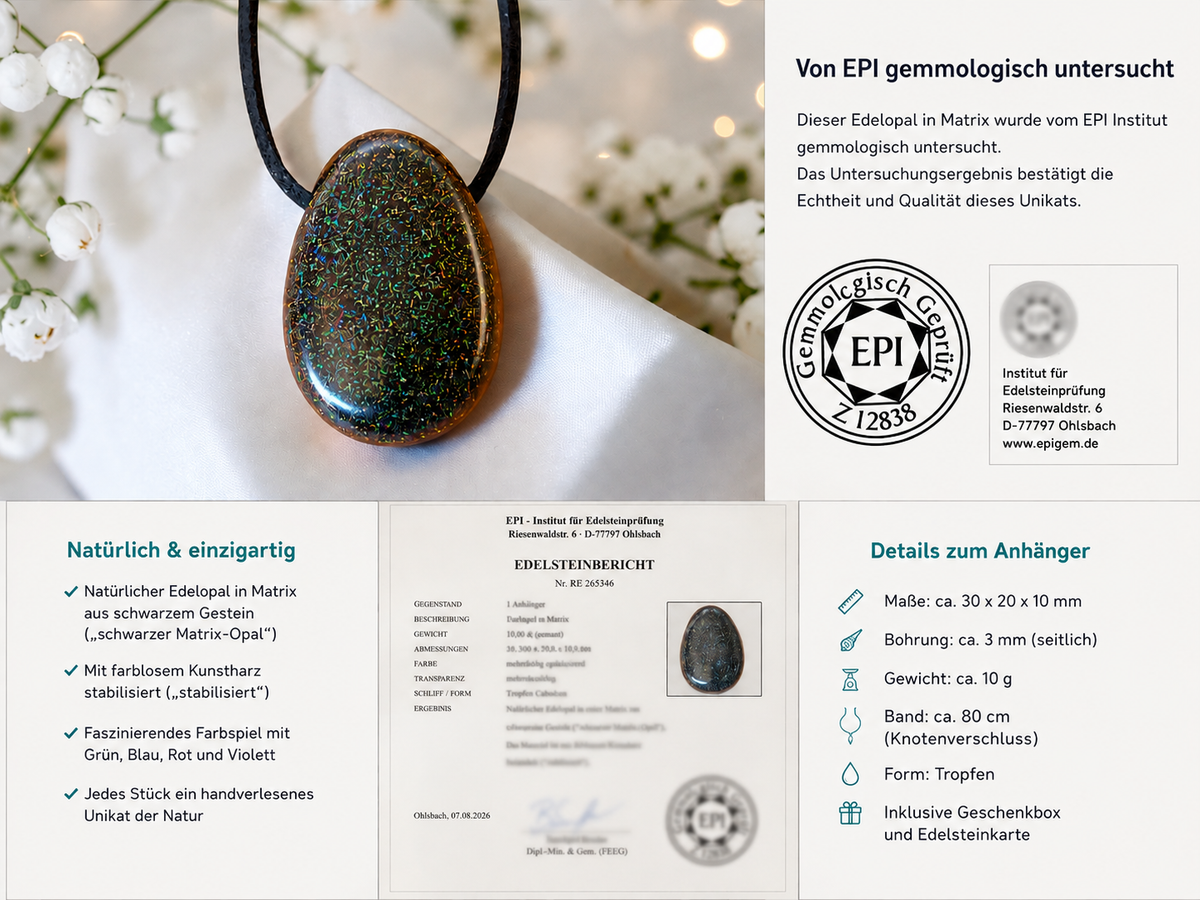 Schwarzer Opal Tropfenanhänger aus Australien – natürlicher Edelopal, stab. – 30 × 20 mm – mit Band & Geschenkbox