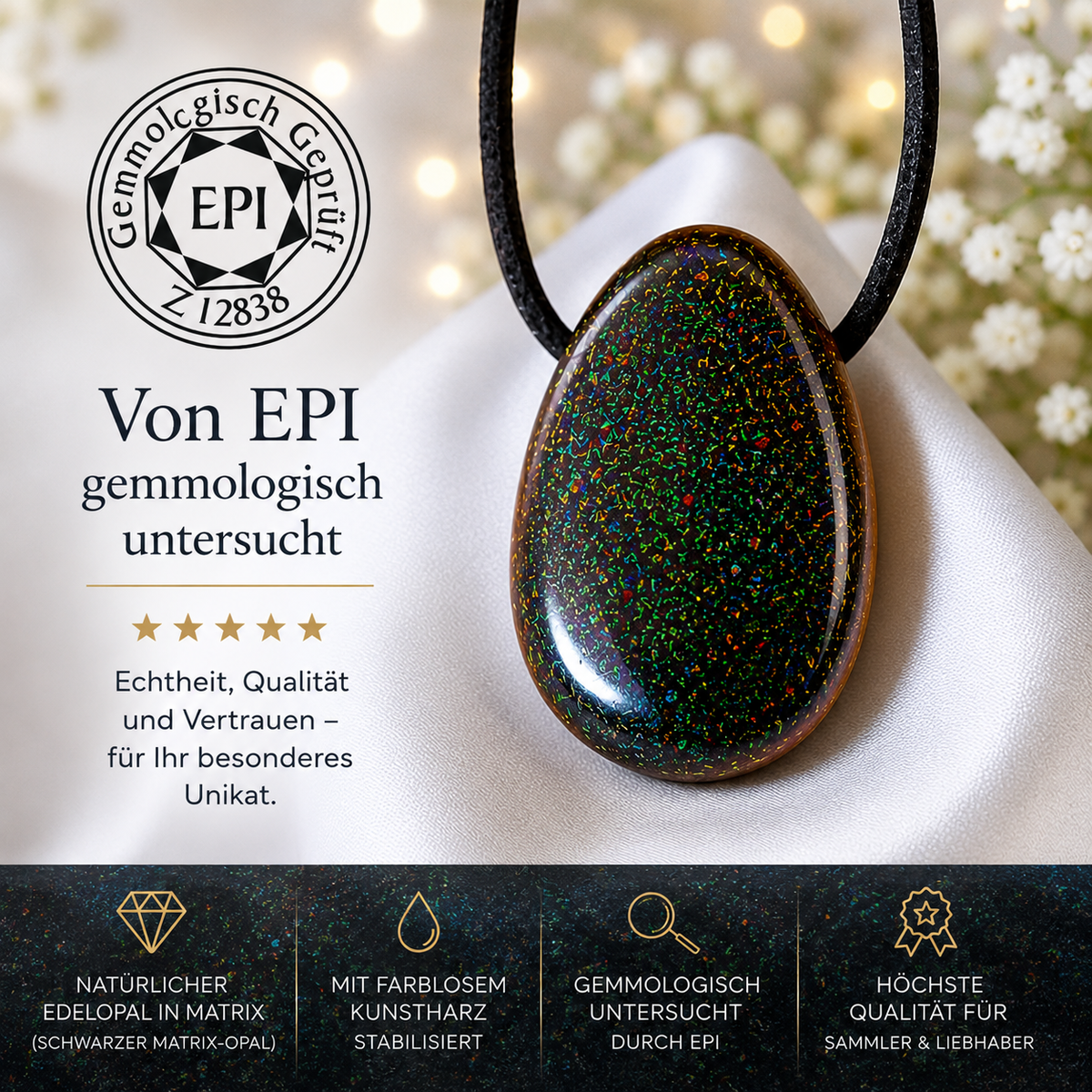 Schwarzer Opal Tropfenanhänger aus Australien – natürlicher Edelopal, stab. – 30 × 20 mm – mit Band & Geschenkbox