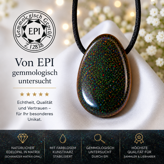Schwarzer Opal Tropfenanhänger aus Australien – natürlicher Edelopal, stab. – 30 × 20 mm – mit Band & Geschenkbox