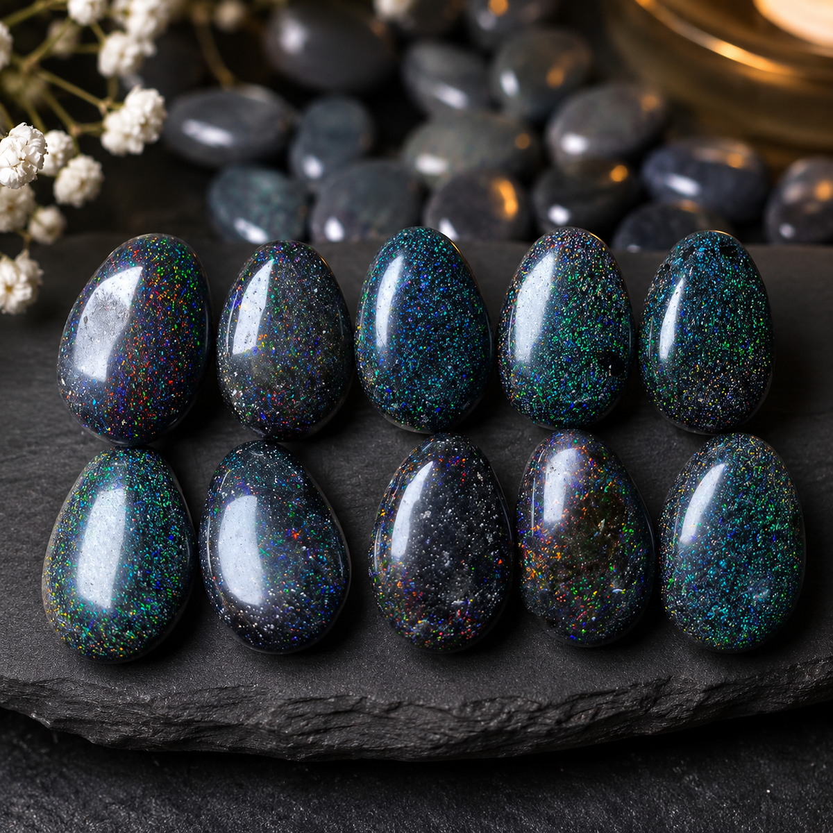 Schwarzer Opal Tropfenanhänger aus Australien – natürlicher Edelopal, stab. – 30 × 20 mm – mit Band & Geschenkbox