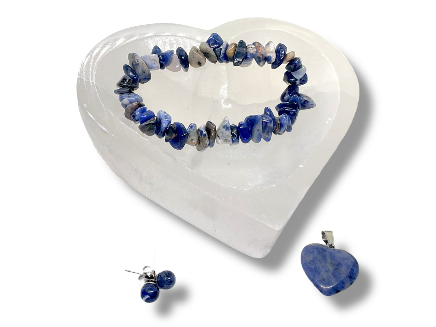 Sodalith Edelstein Schmuckset mit hochwertiger Selenit Herzschale 10cm I 4-teilig I  - Erneuerung und Regeneration