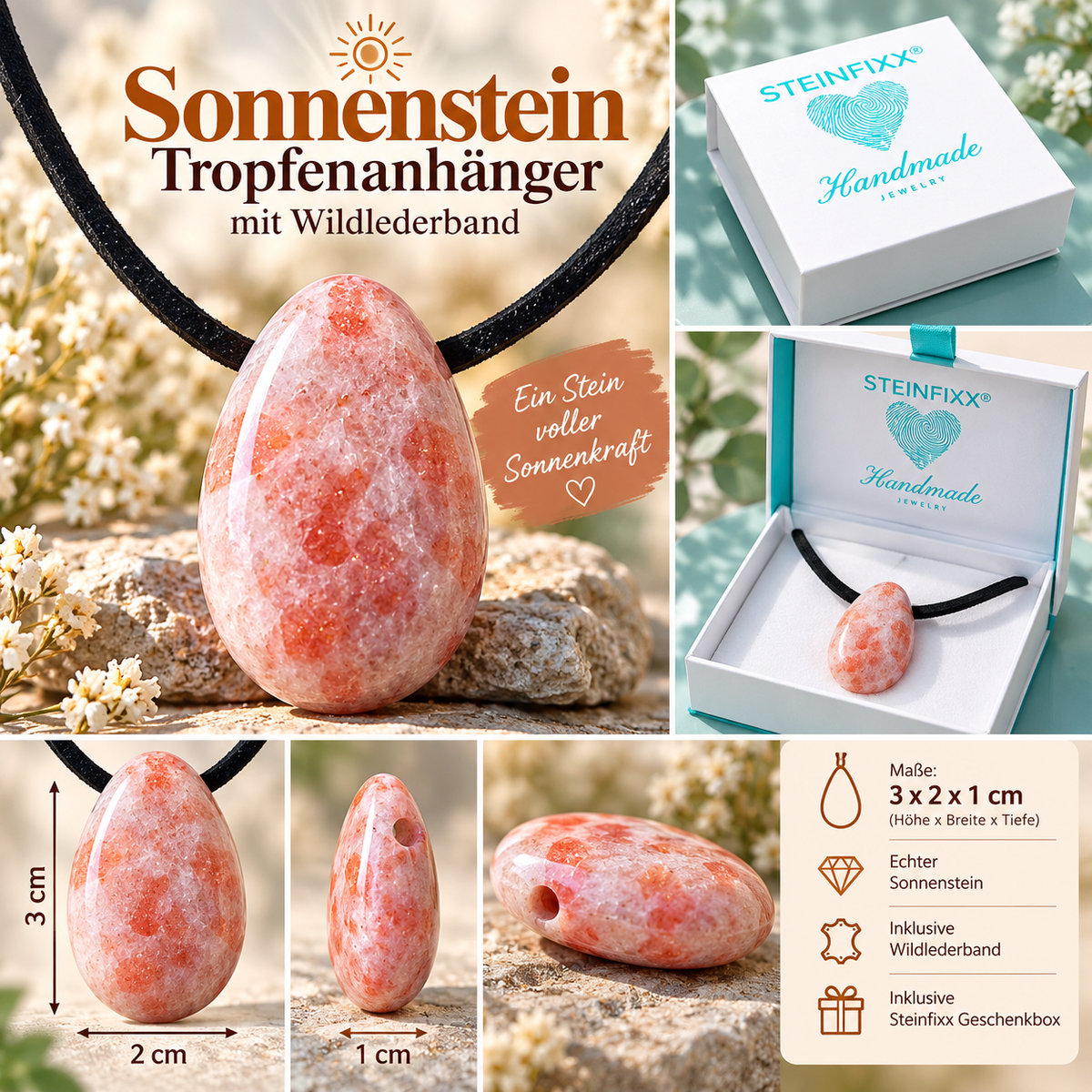 Sonnenstein Tropfenanhänger mit 80 cm Wildlederband – Apricot & Rosa | Inkl. edler Magnet-Geschenkbox