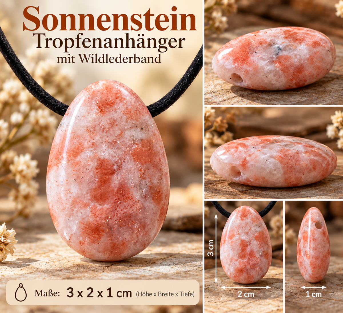 Sonnenstein Tropfenanhänger mit 80 cm Wildlederband – Apricot & Rosa | Inkl. edler Magnet-Geschenkbox