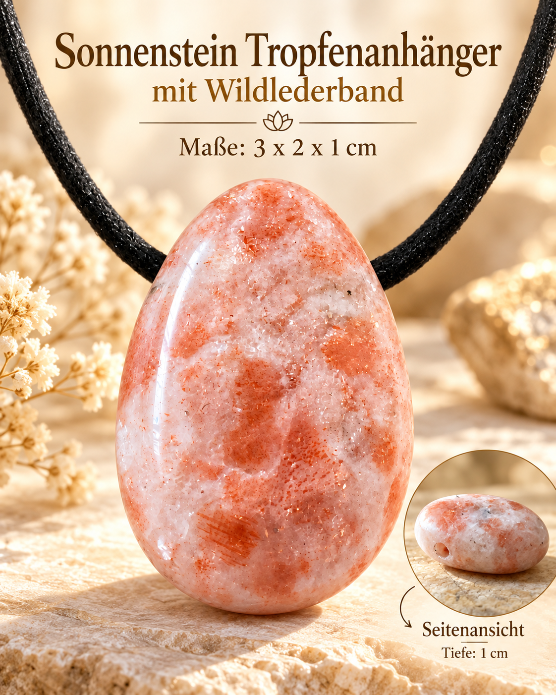 Sonnenstein Tropfenanhänger mit 80 cm Wildlederband – Apricot & Rosa | Inkl. edler Magnet-Geschenkbox