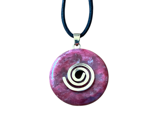 Thulit Donut -Edelstein - 30mm - optional mit 80cm Wildlederband und mit versilberter oder vergoldeter Spirale - AAA-Qualität - Norwegen