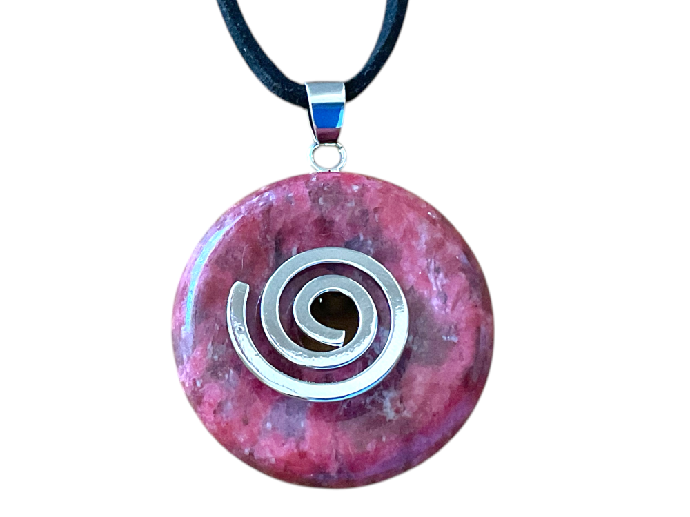 Thulit Donut -Edelstein - 30mm - optional mit 80cm Wildlederband und mit versilberter oder vergoldeter Spirale - AAA-Qualität - Norwegen
