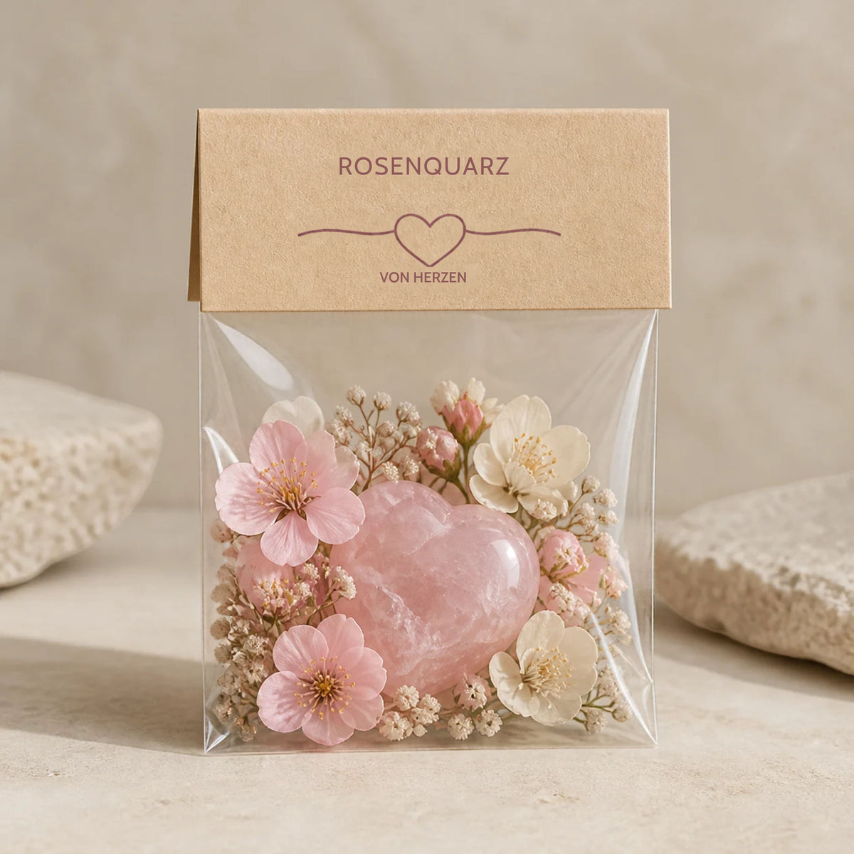 Rosenquarz Geschenkset zum Ausdrucken – 6 PDF-Vorlagen mit Edelsteinkarten, Tütenklappen & Grußkarten