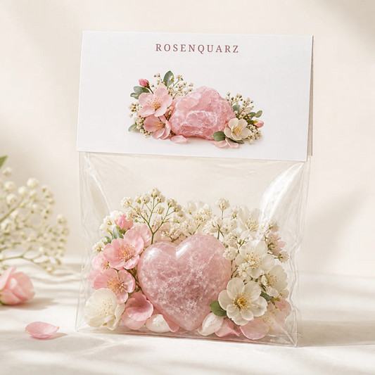 Rosenquarz Geschenkset zum Ausdrucken – 6 PDF-Vorlagen mit Edelsteinkarten, Tütenklappen & Grußkarten