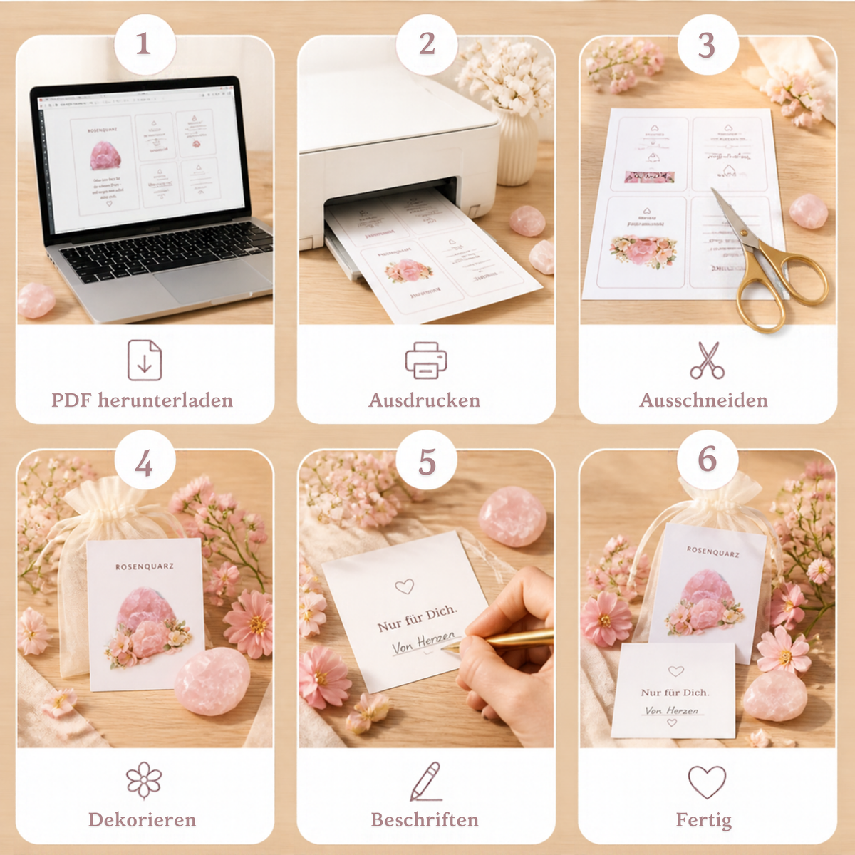 Rosenquarz Geschenkset zum Ausdrucken – 6 PDF-Vorlagen mit Edelsteinkarten, Tütenklappen & Grußkarten