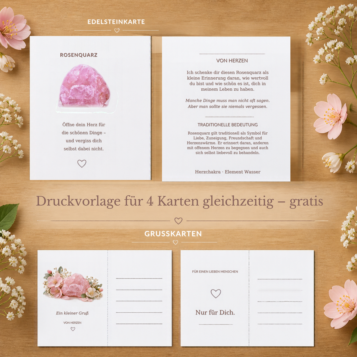 Rosenquarz Geschenkset zum Ausdrucken – 6 PDF-Vorlagen mit Edelsteinkarten, Tütenklappen & Grußkarten