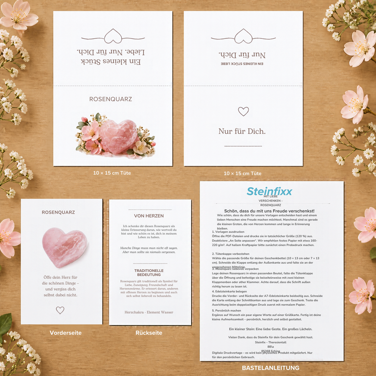 Rosenquarz Geschenkset zum Ausdrucken – 6 PDF-Vorlagen mit Edelsteinkarten, Tütenklappen & Grußkarten