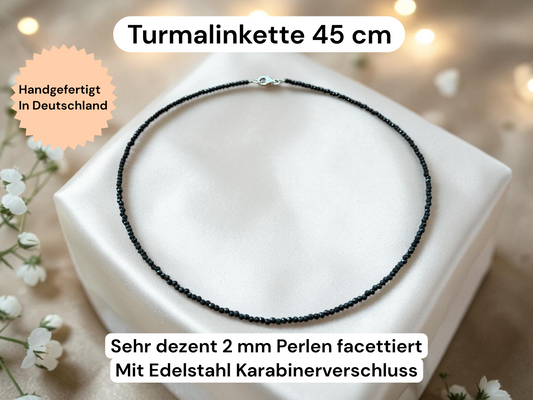 Turmalin (Schörl) Perlenkette 2mm facettiert I Länge 45cm I starker Schutzstein I Geschenkverpackung I Heilstein I hochwertige AAA-Qualität I Brasilien