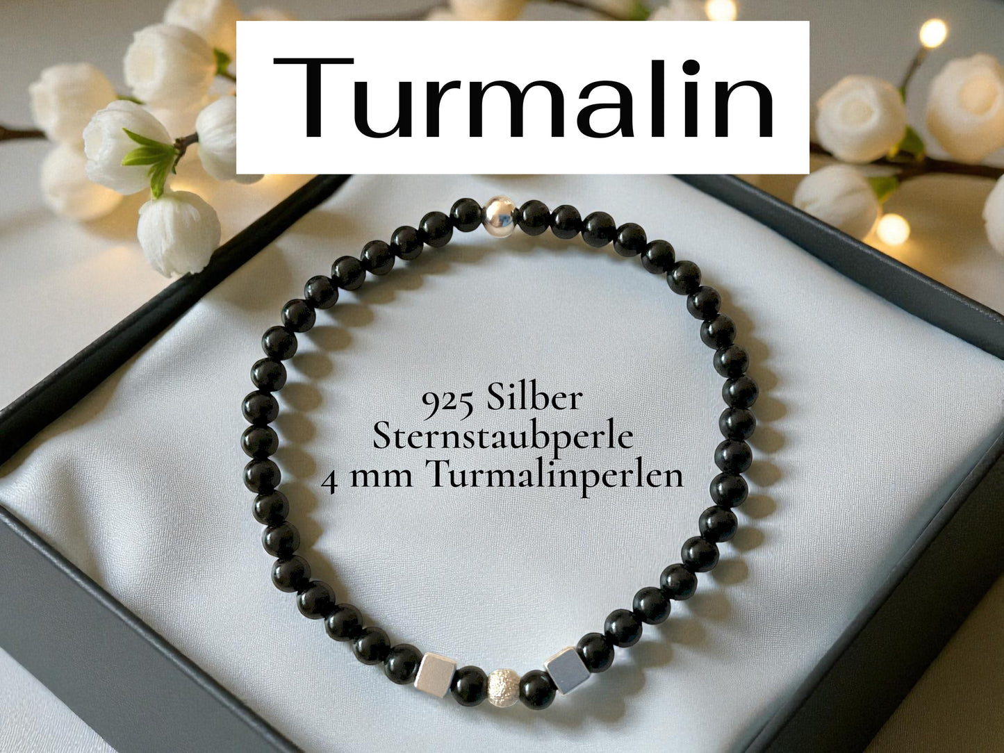 Edelstein Perlenarmband aus schwarzem Turmalin 925 Silberperlen - Hochwertige Heilsteine in 4 oder 6 mm  - handgefertigt - in Geschenkbox - Schutz gegen negative Energien