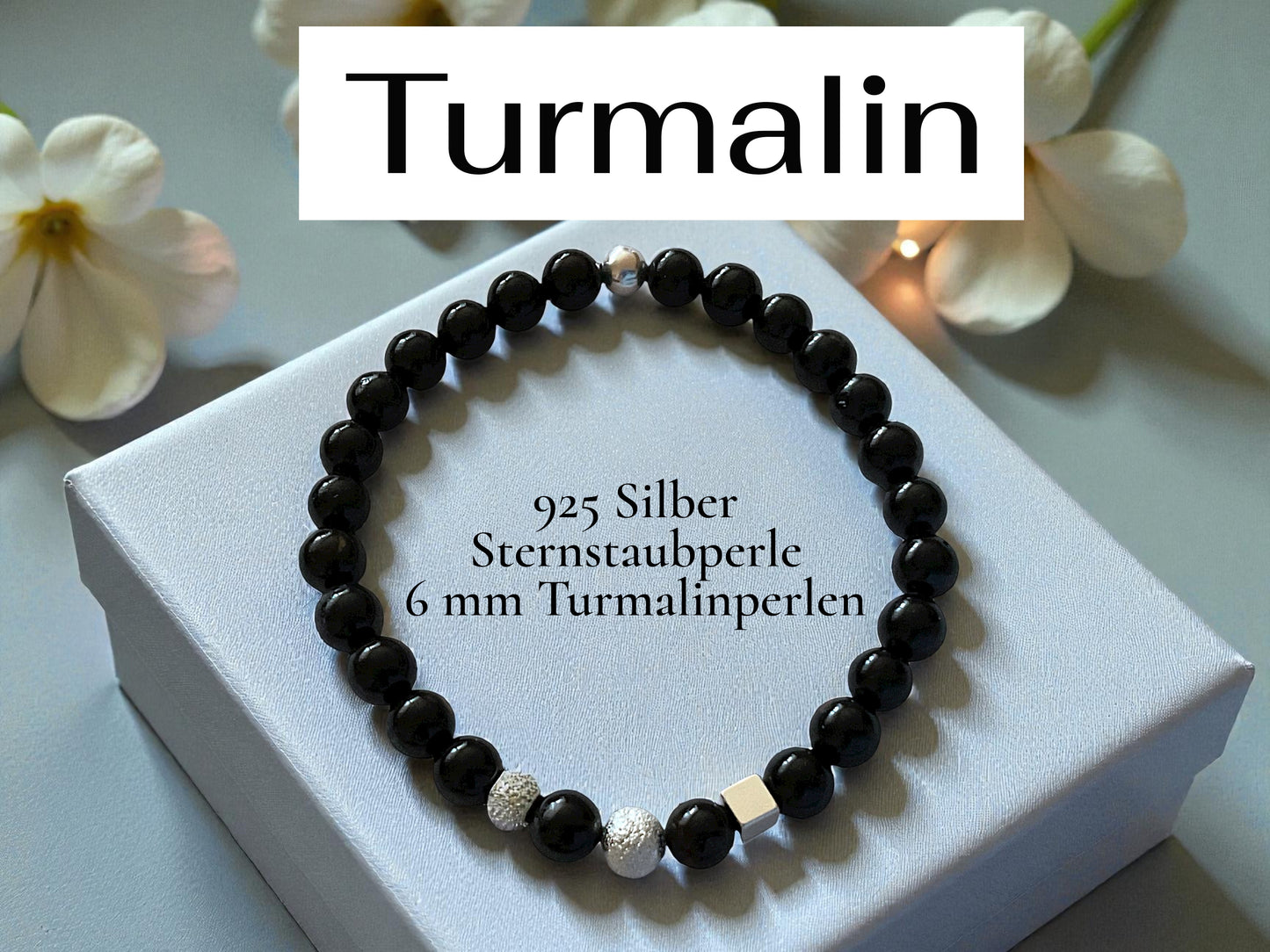 Edelstein Perlenarmband aus schwarzem Turmalin 925 Silberperlen - Hochwertige Heilsteine in 4 oder 6 mm  - handgefertigt - in Geschenkbox - Schutz gegen negative Energien