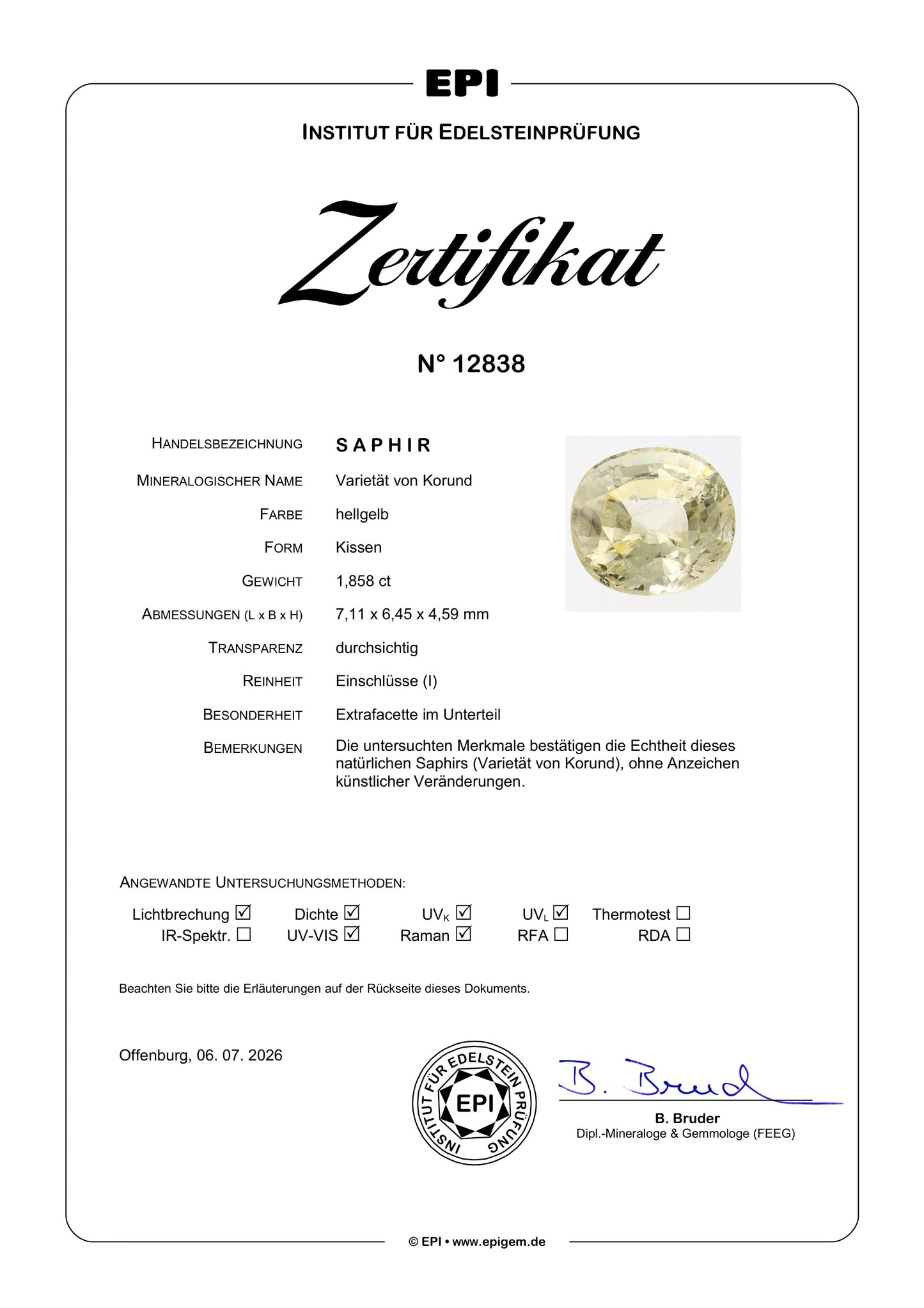 Hellgelber Saphir im Kissenschliff – 1,858 ct echter Korund-Edelstein aus Sri Lanka – 7,11 × 6,45 × 4,59 mm – geschliffenes Unikat mit Zertifikat & Geschenkverpackung - Sammlerstück