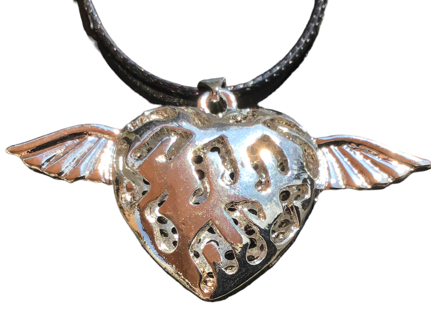 Edelstahlherz Kette Anhänger mit Flügeln - rhodiniert -  "I love Music" - zwei Motive  - Lederband SALE