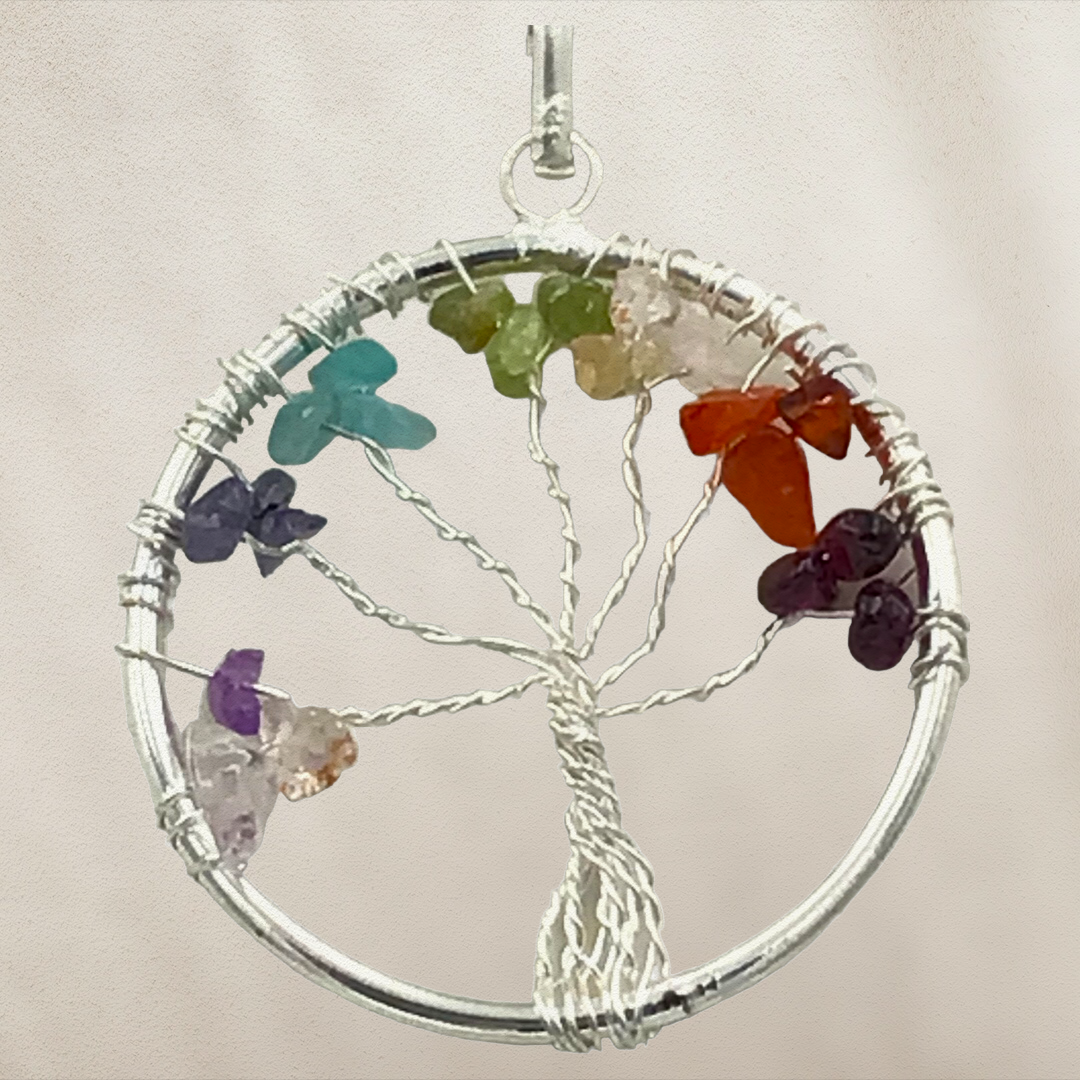 Steinfixx® - 7 Chakra- Lebensbaumkette  | Anhänger mit Lederband | Handarbeit - exclusive Steine