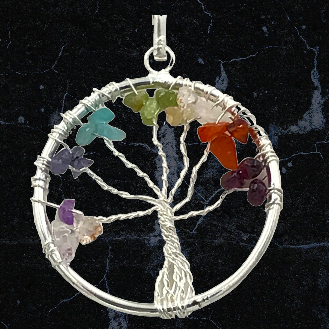 Steinfixx® - 7 Chakra- Lebensbaumkette  | Anhänger mit Lederband | Handarbeit - exclusive Steine