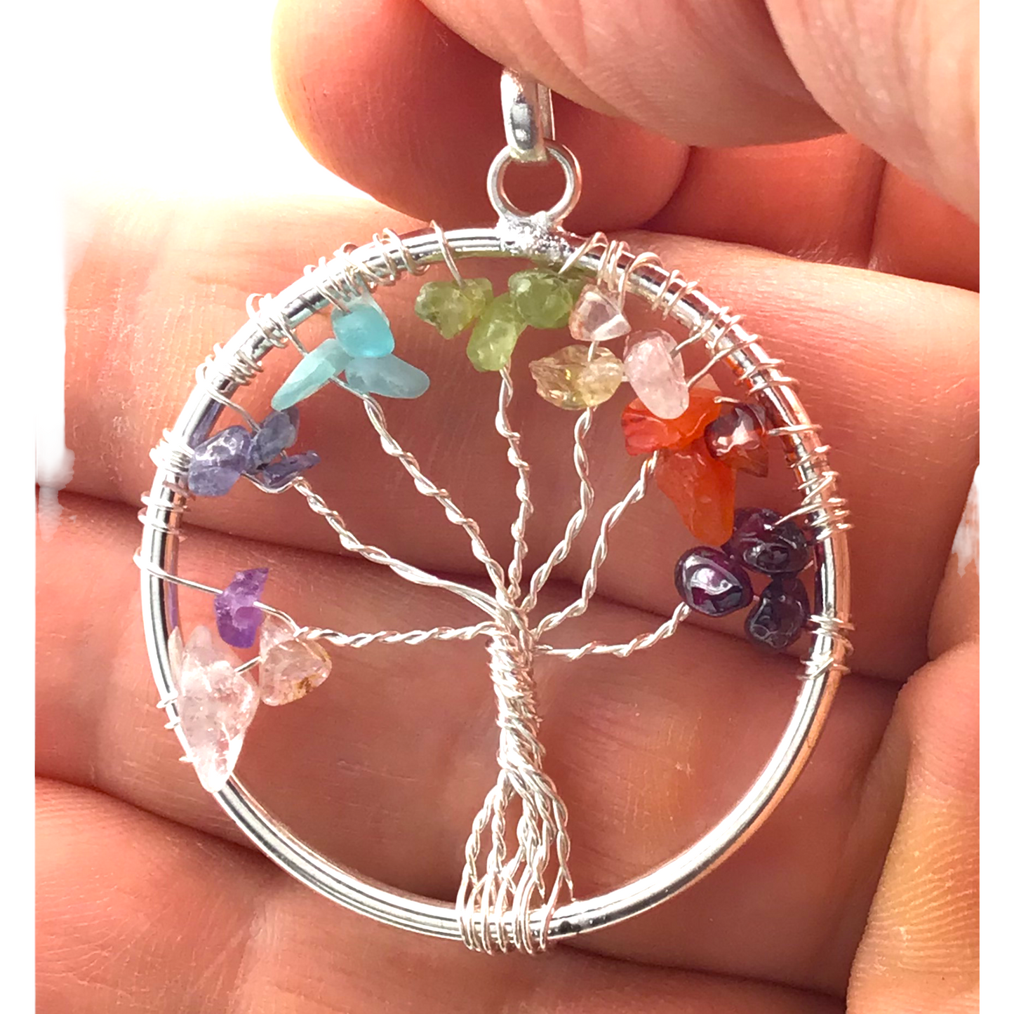 Steinfixx® - 7 Chakra- Lebensbaumkette  | Anhänger mit Lederband | Handarbeit - exclusive Steine