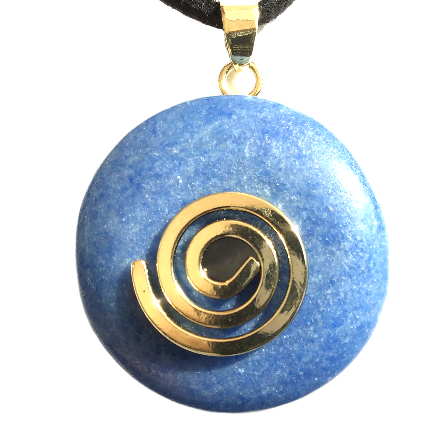 Premium Blauer Aventurin Edelstein-Donut (Blauquarz) optional als Kette mit versilberter oder vergoldeter Spirale und Wildlederband