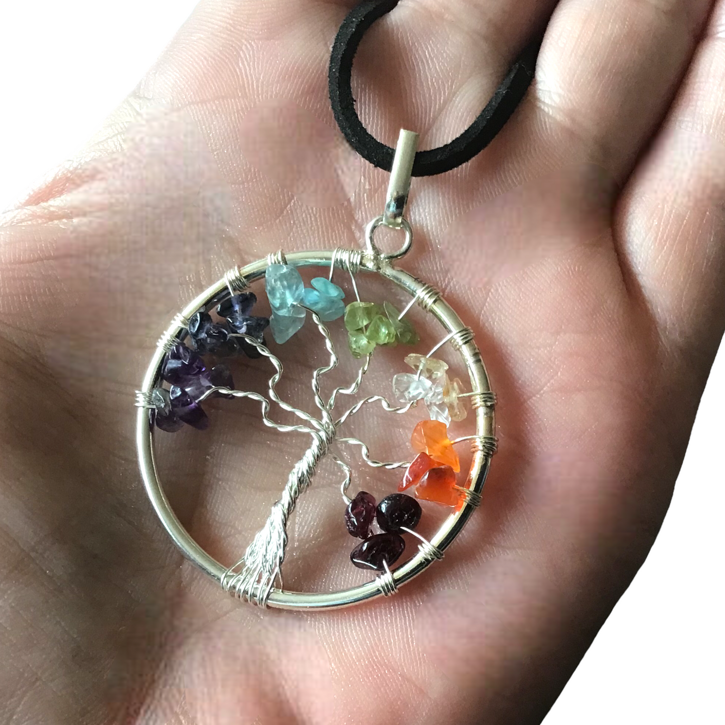 Steinfixx® - 7 Chakra- Lebensbaumkette  | Anhänger mit Lederband | Handarbeit - exclusive Steine