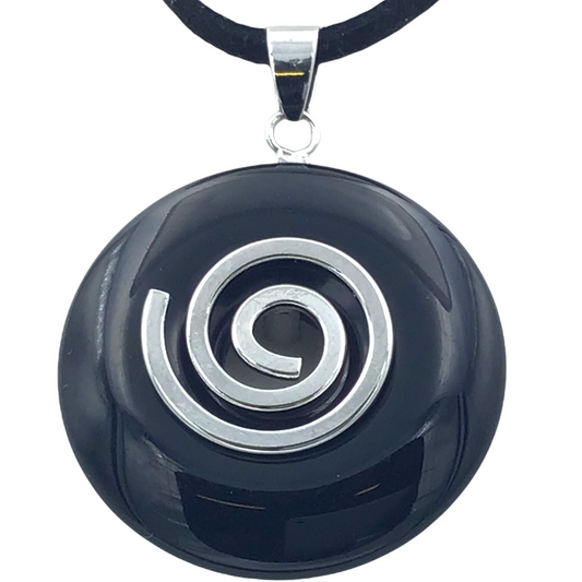 Premium Onyx Edelstein-Donut optional als Kette mit versilberter oder vergoldeter Spirale und Wildlederband