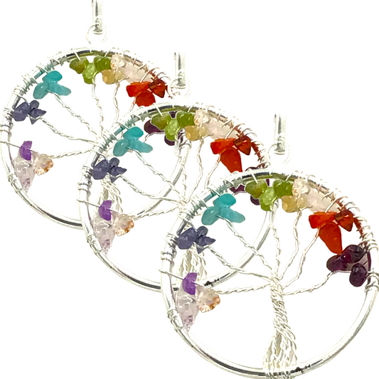 Steinfixx® - 7 Chakra- Lebensbaumkette  | Anhänger mit Lederband | Handarbeit - exclusive Steine