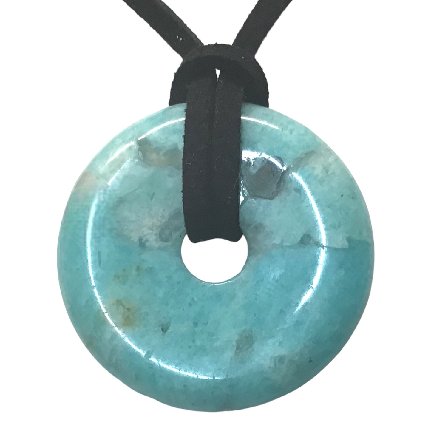 Premium Edelstein-Donut Amazonit optional als Kette mit versilberter oder vergoldeter Spirale und Wildlederband