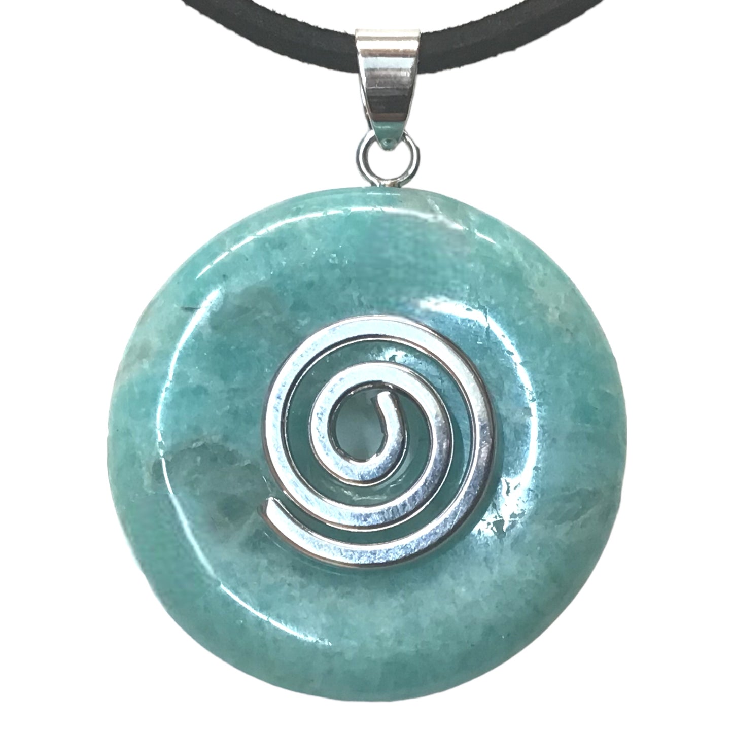 Premium Edelstein-Donut Amazonit optional als Kette mit versilberter oder vergoldeter Spirale und Wildlederband