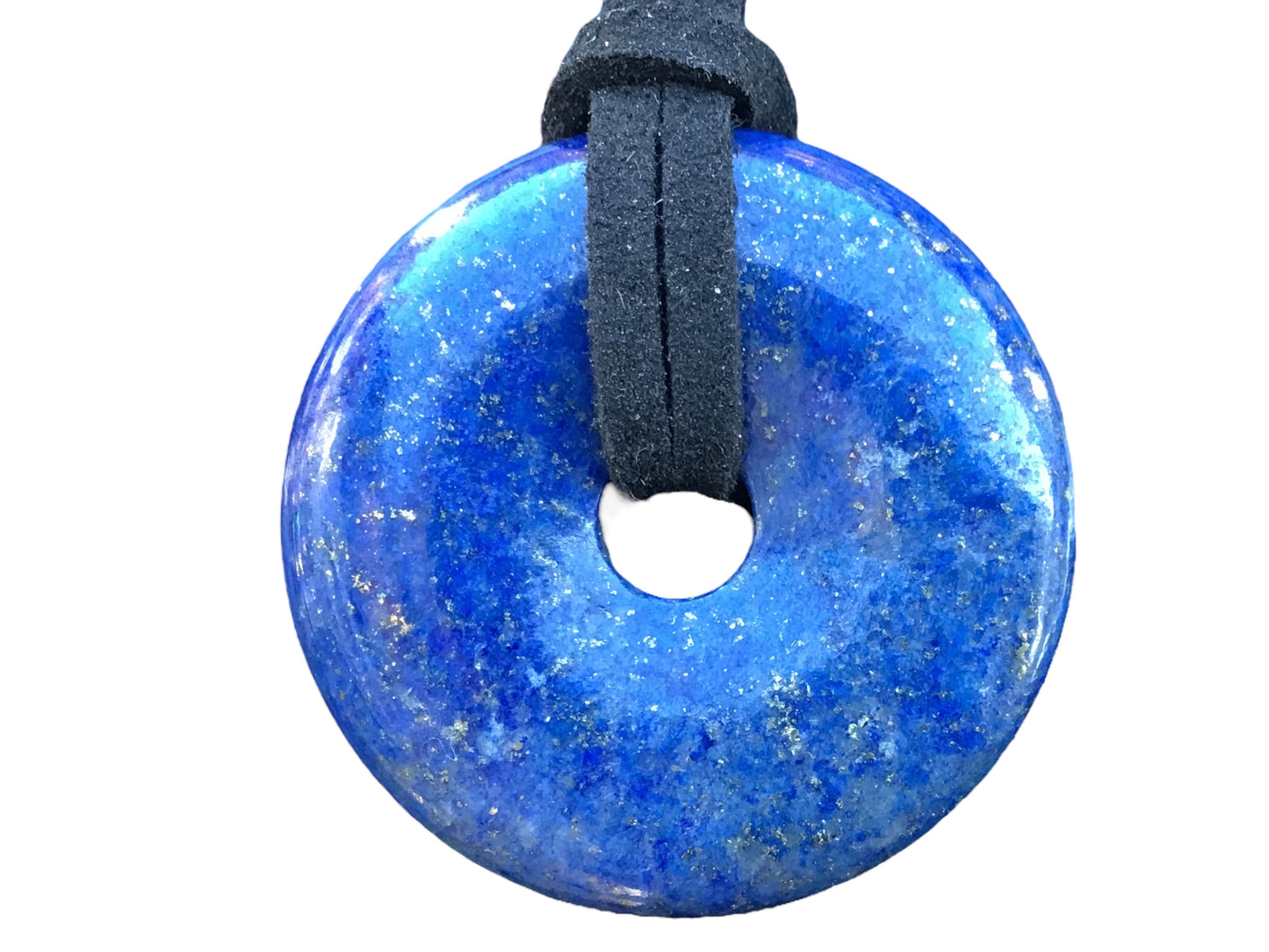 Premium Lapislazuli Edelstein-Donut optional als Kette mit versilberter oder vergoldeter Spirale und Wildlederband