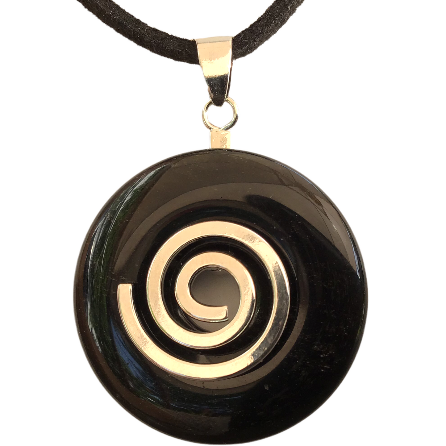 Premium Silberobsidian Edelstein-Donut optional als Kette mit versilberter oder vergoldeter Spirale und Wildlederband